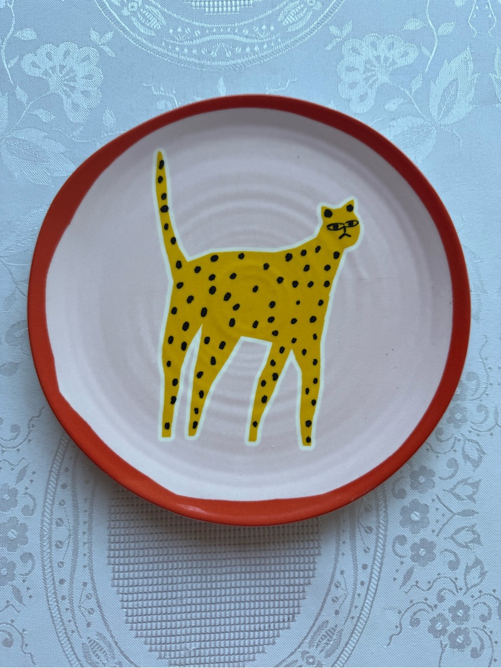 Anthropologie Marcello Velho Folksong Dessert Plate Cat Motif Pink/Orange Folk